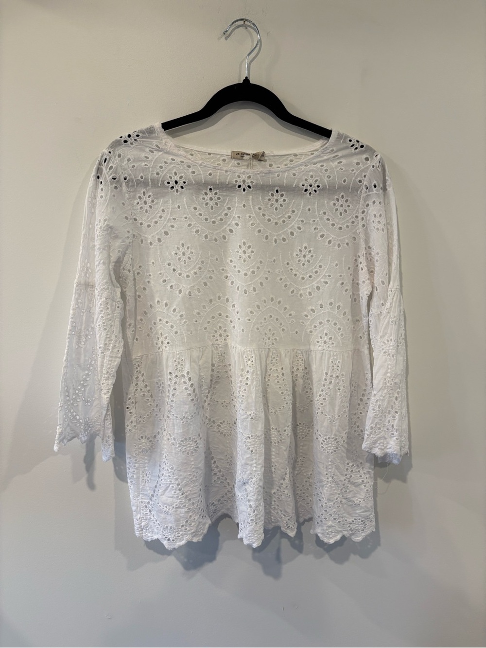 Valentina Naldi 100% Cotton White Eyelet Peplum Blouse with Scalloped Hem